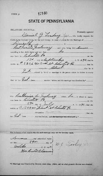 Daniel J. Toohey, Jr. and Catherine Maloney - Marriage  Application.jpg - 1912 Daniel J Toohey and Catherine M Maloney wed.